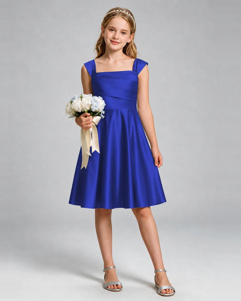 Royal Blue Satin A-line Girls Formal Dress Front View