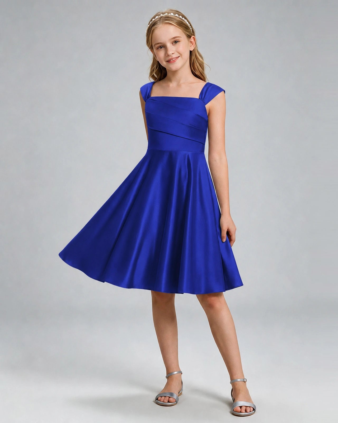 Royal Blue Junior Bridesmaid Dress Cap Sleeve Diagonal Ruched Satin A-Line Knee-Length Gown Front Full View