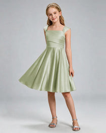 Sage Green  Junior Bridesmaid Dress Cap Sleeve Diagonal Ruched Satin A-Line Knee-Length Gown Front Full View