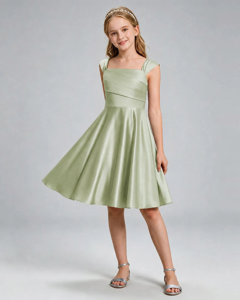 Sage Green Satin A-line Girls Formal Dress Front View
