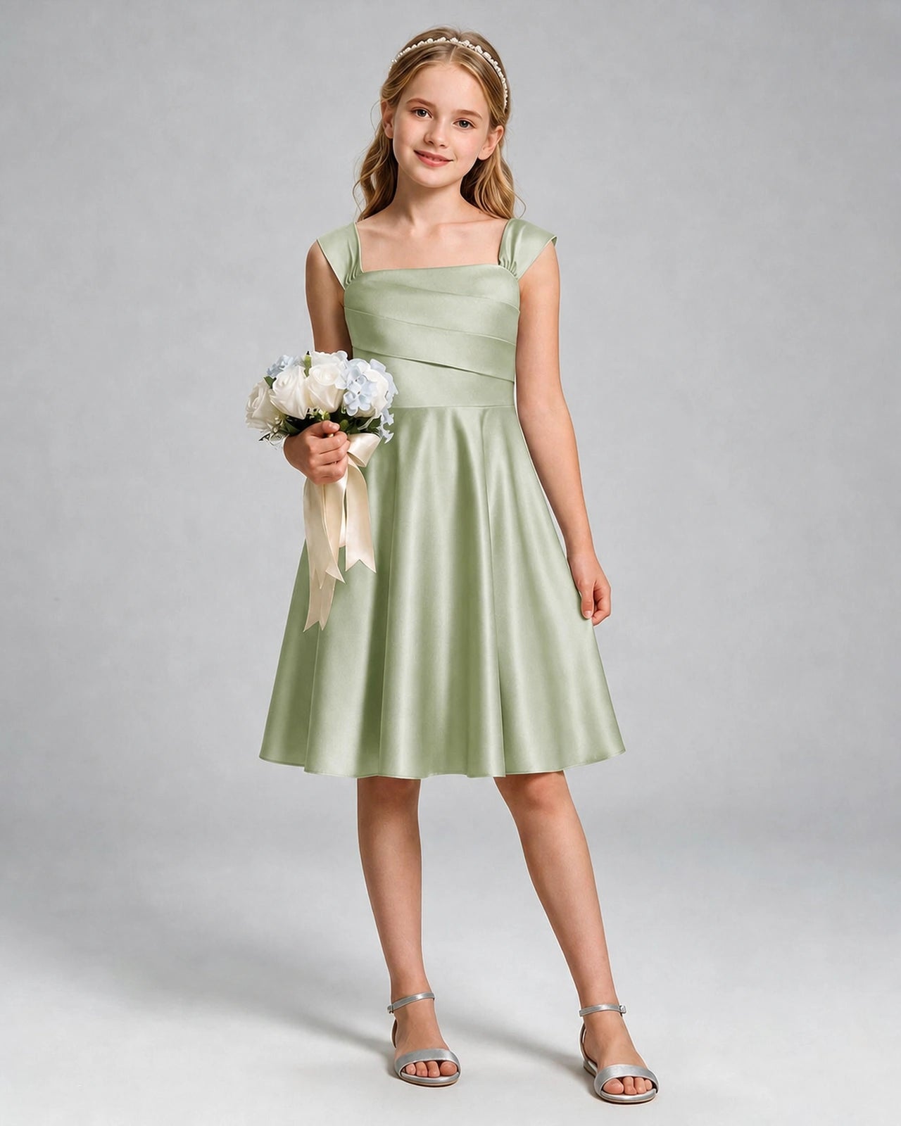 Sage Green  Junior Bridesmaid Dress Cap Sleeve Diagonal Ruched Satin A-Line Knee-Length Gown Front Full View