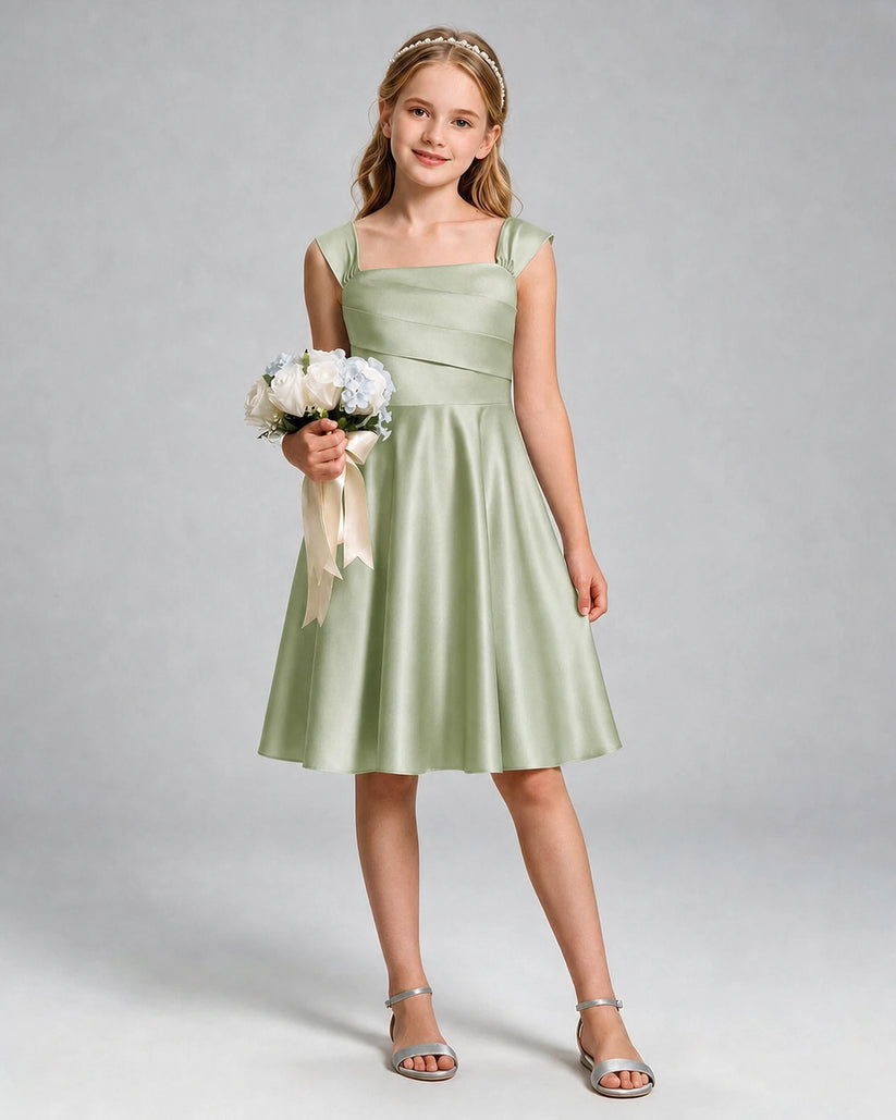 Sage Green Satin A-line Girls Formal Dress Front View