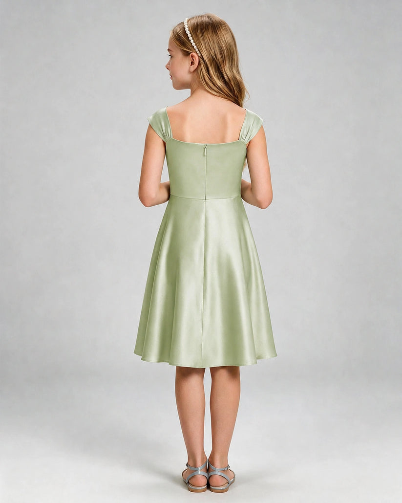Sage Green Satin A-line Girls Formal Dress Back View