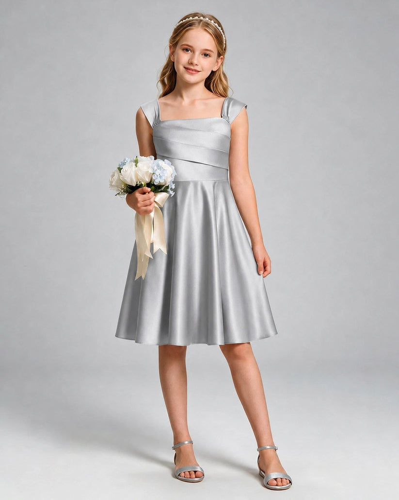Silver Satin A-line Girls Formal Dress Front View