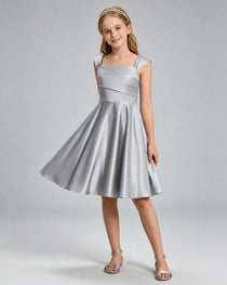 Silver Junior Bridesmaid Dress Cap Sleeve Diagonal Ruched Satin A-Line Knee-Length Gown Front Full View