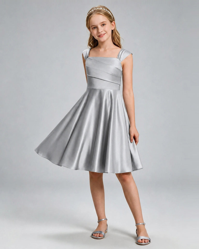 Silver Satin A-line Girls Formal Dress Front View