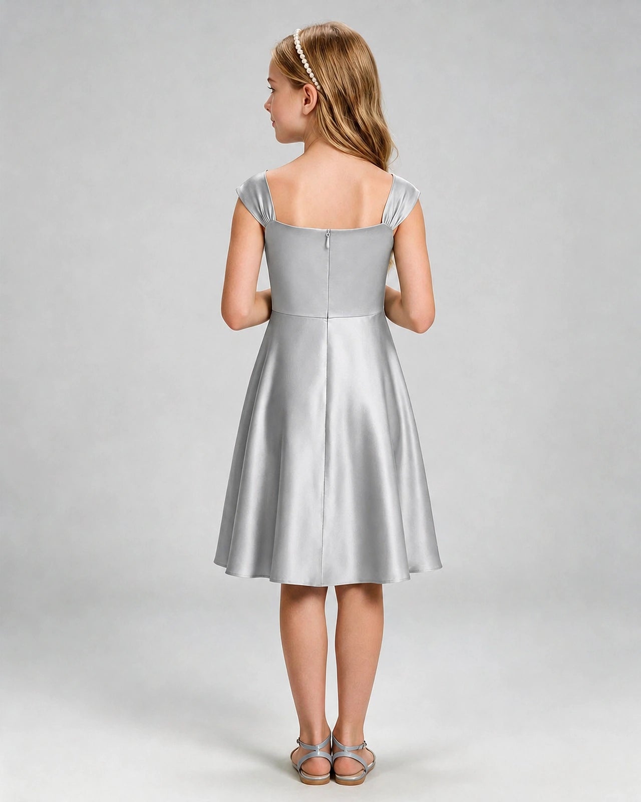 Silver Junior Bridesmaid Dress Cap Sleeve Diagonal Ruched Satin A-Line Knee-Length Gown Back Full View