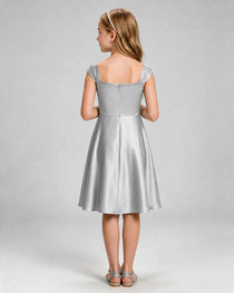 Silver Junior Bridesmaid Dress Cap Sleeve Diagonal Ruched Satin A-Line Knee-Length Gown Back Full View
