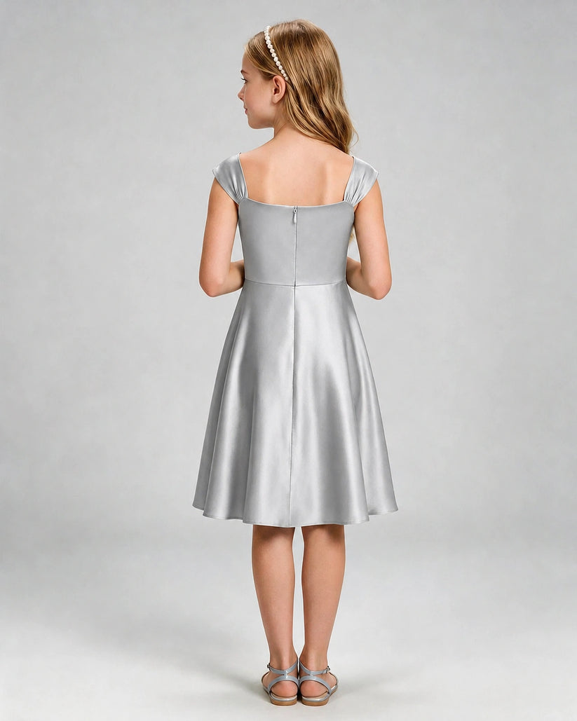 Silver Satin A-line Girls Formal Dress Back View