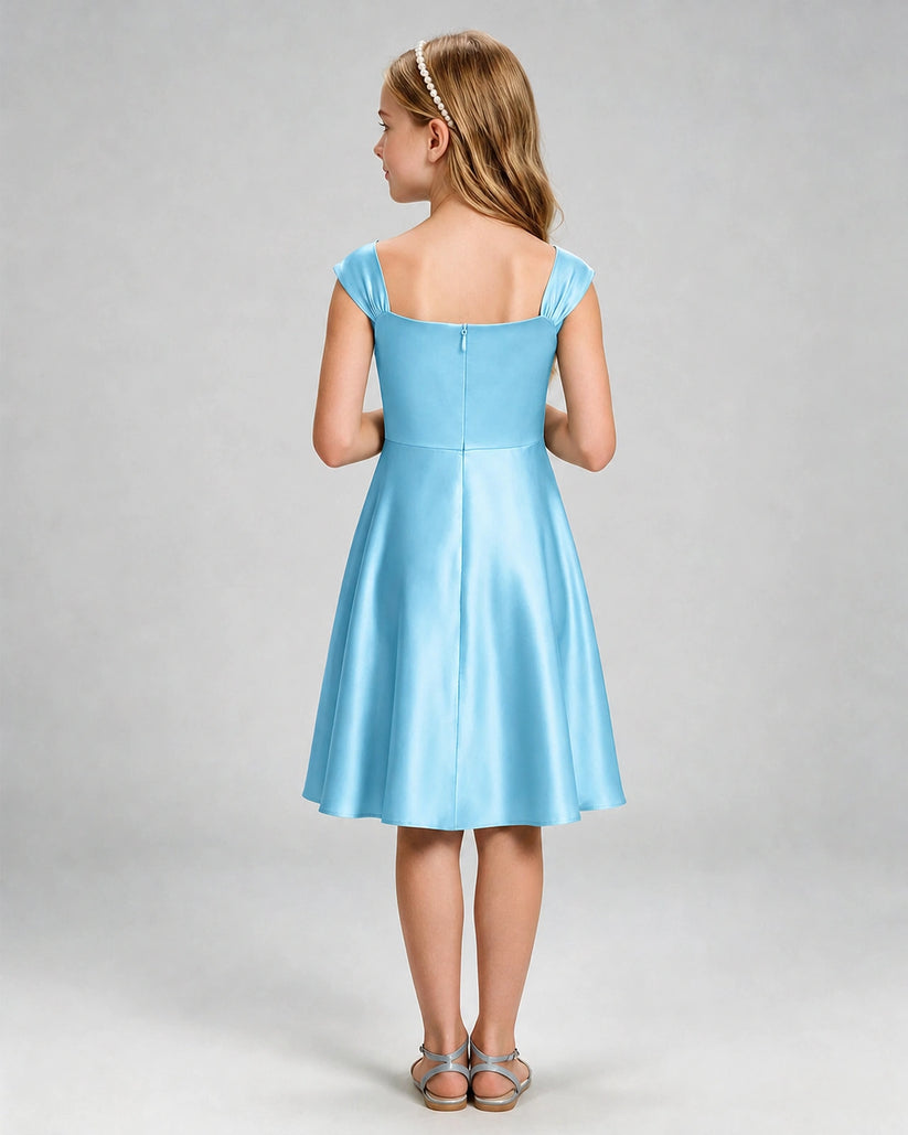Sky Blue Satin A-line Girls Formal Dress Back View