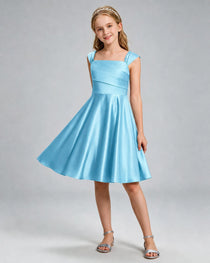 Sky Blue Junior Bridesmaid Dress Cap Sleeve Diagonal Ruched Satin A-Line Knee-Length Gown Front Full View