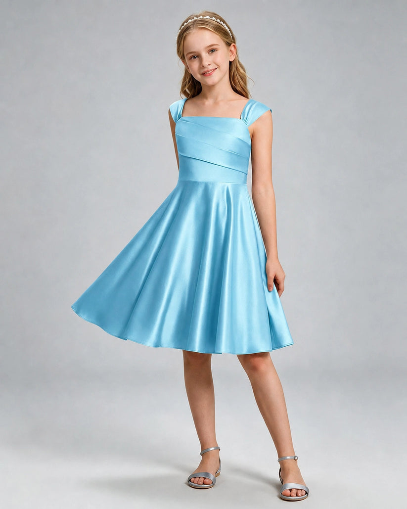 Sky Blue Satin A-line Girls Formal Dress Front View