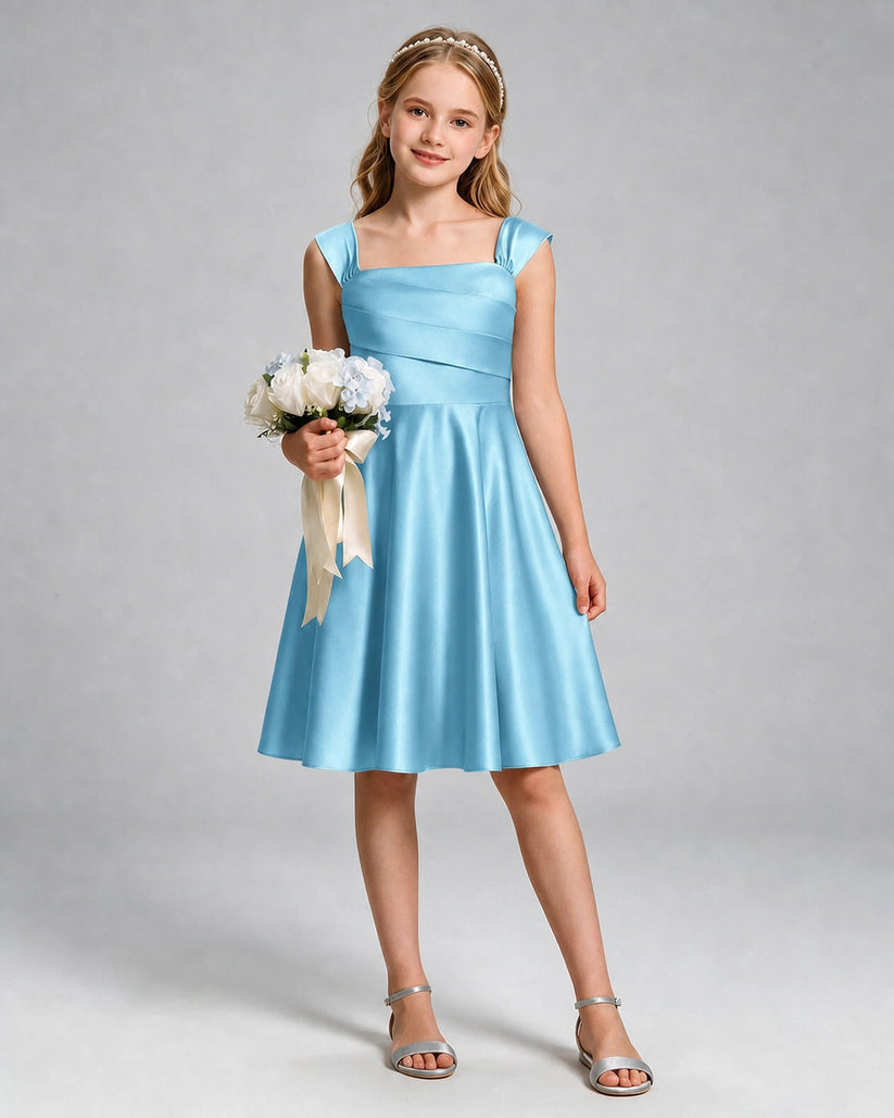 Sky Blue Satin A-line Girls Formal Dress Front View