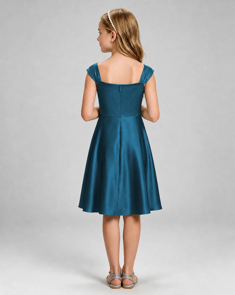 Teal Satin A-line Girls Formal Dress Back View