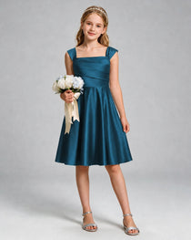 Teal Junior Bridesmaid Dress Cap Sleeve Diagonal Ruched Satin A-Line Knee-Length Gown Front Full View
