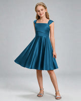 Teal Satin A-line Girls Formal Dress Front View