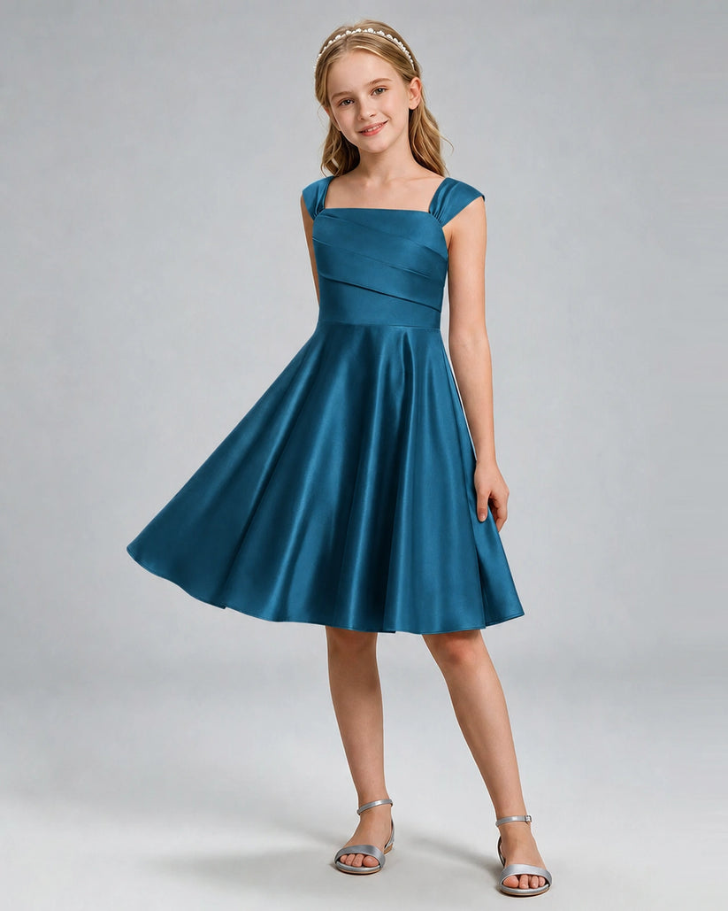Teal Satin A-line Girls Formal Dress Front View