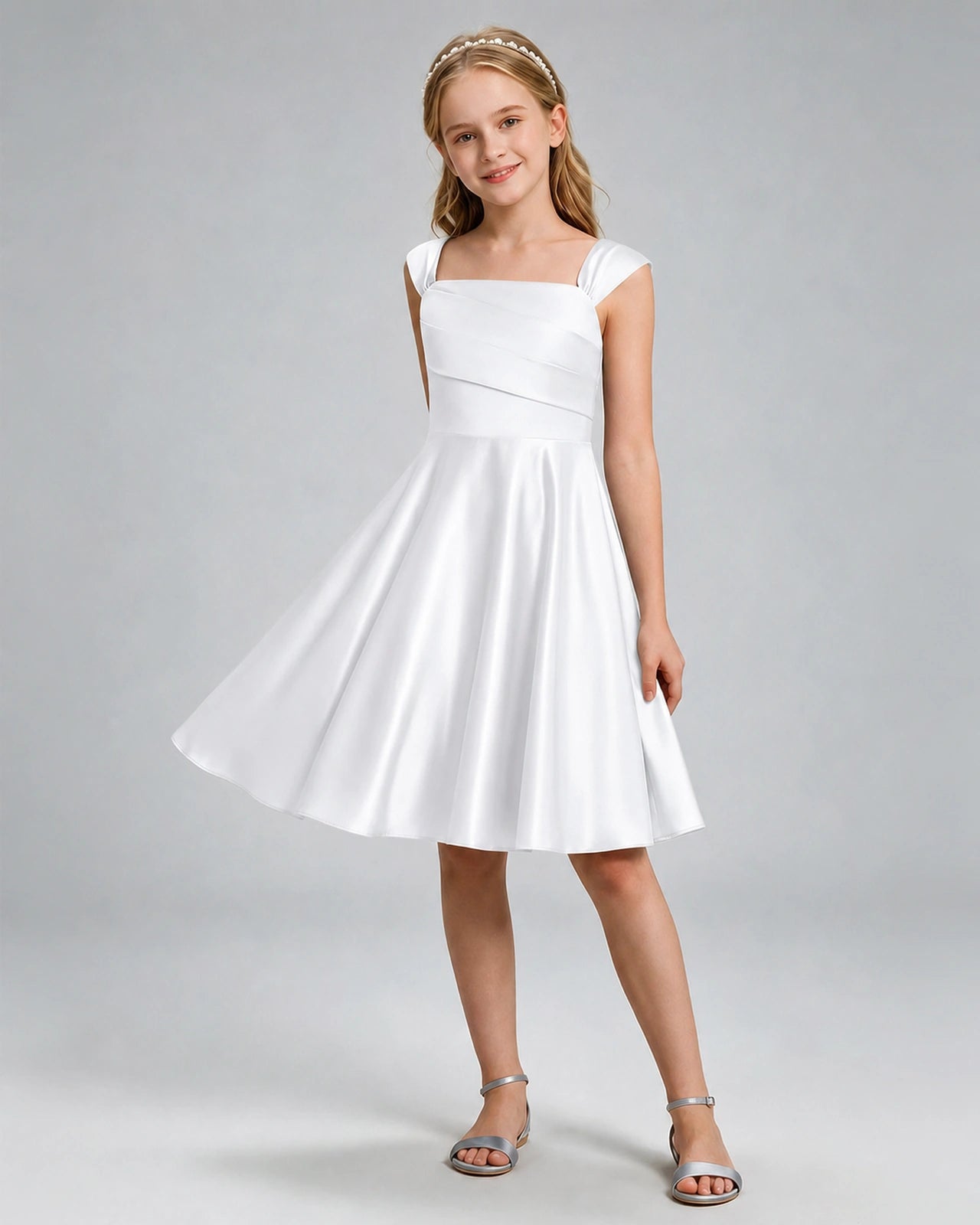 White Junior Bridesmaid Dress Cap Sleeve Diagonal Ruched Satin A-Line Knee-Length Gown Front Full View