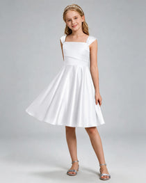 White Junior Bridesmaid Dress Cap Sleeve Diagonal Ruched Satin A-Line Knee-Length Gown Front Full View