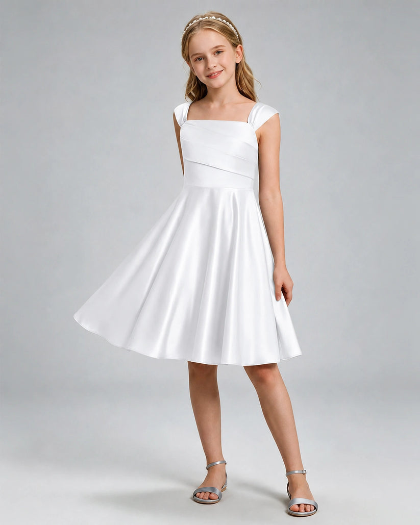White Satin A-line Girls Formal Dress Front View