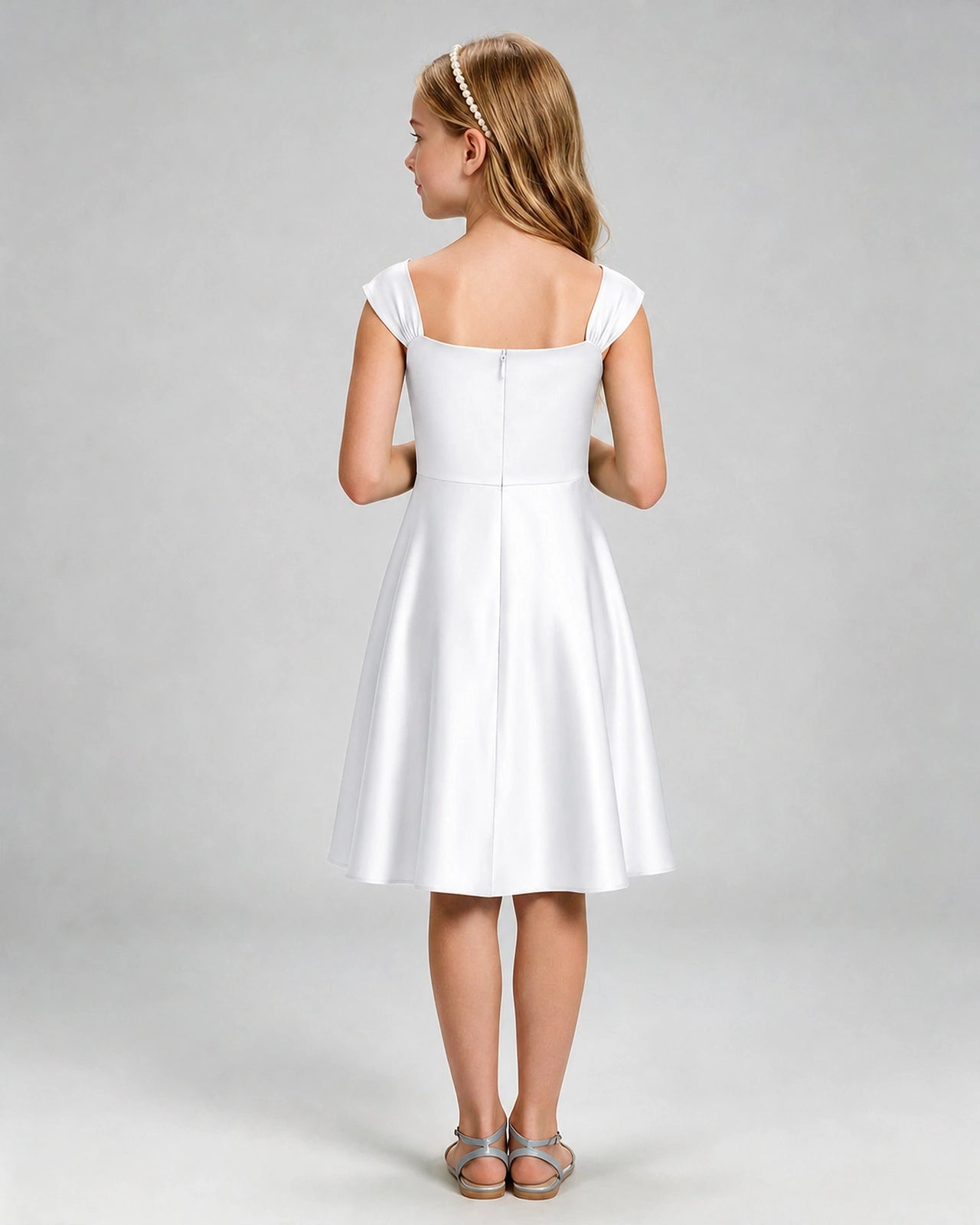 White Junior Bridesmaid Dress Cap Sleeve Diagonal Ruched Satin A-Line Knee-Length Gown Back Full View