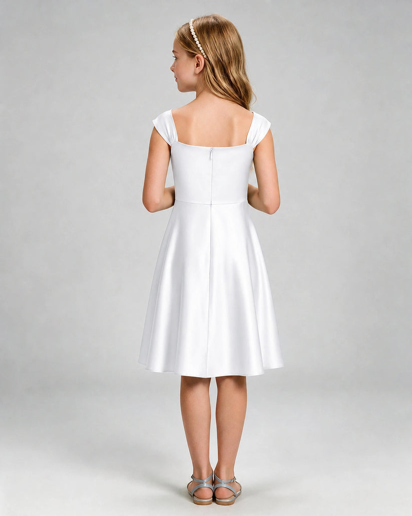 White Satin A-line Girls Formal Dress Back View