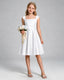 White Junior Bridesmaid Dress Cap Sleeve Diagonal Ruched Satin A-Line Knee-Length Gown Front Full View