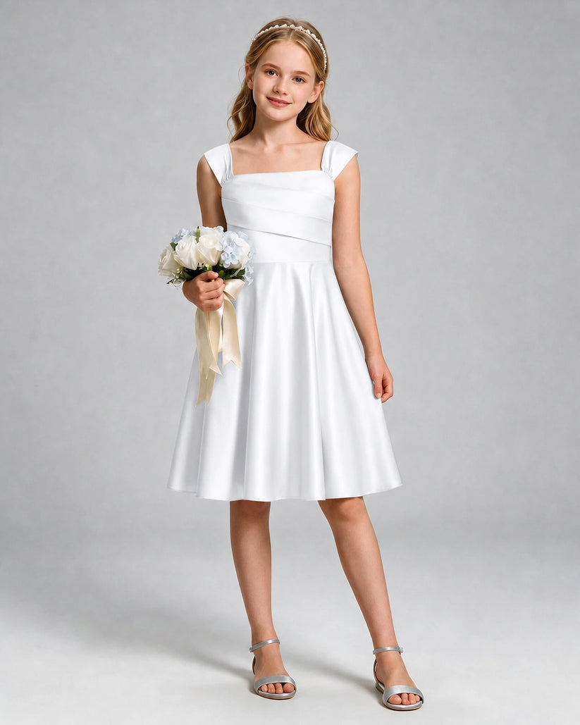 White Satin A-line Girls Formal Dress Front View