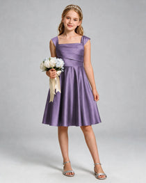 Wisteria Junior Bridesmaid Dress Cap Sleeve Diagonal Ruched Satin A-Line Knee-Length Gown Front Full View