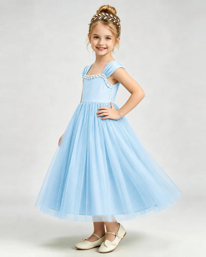 Baby Blue Flower Girl Dress Pearl Trim Flutter Sleeve Puffy Tulle A-Line Midi Gown Side Full View