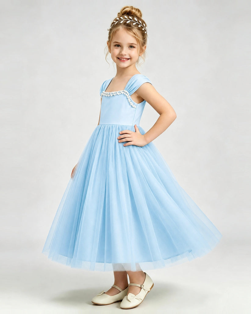 Baby Blue Tulle A-line Girls Formal Dress Side View