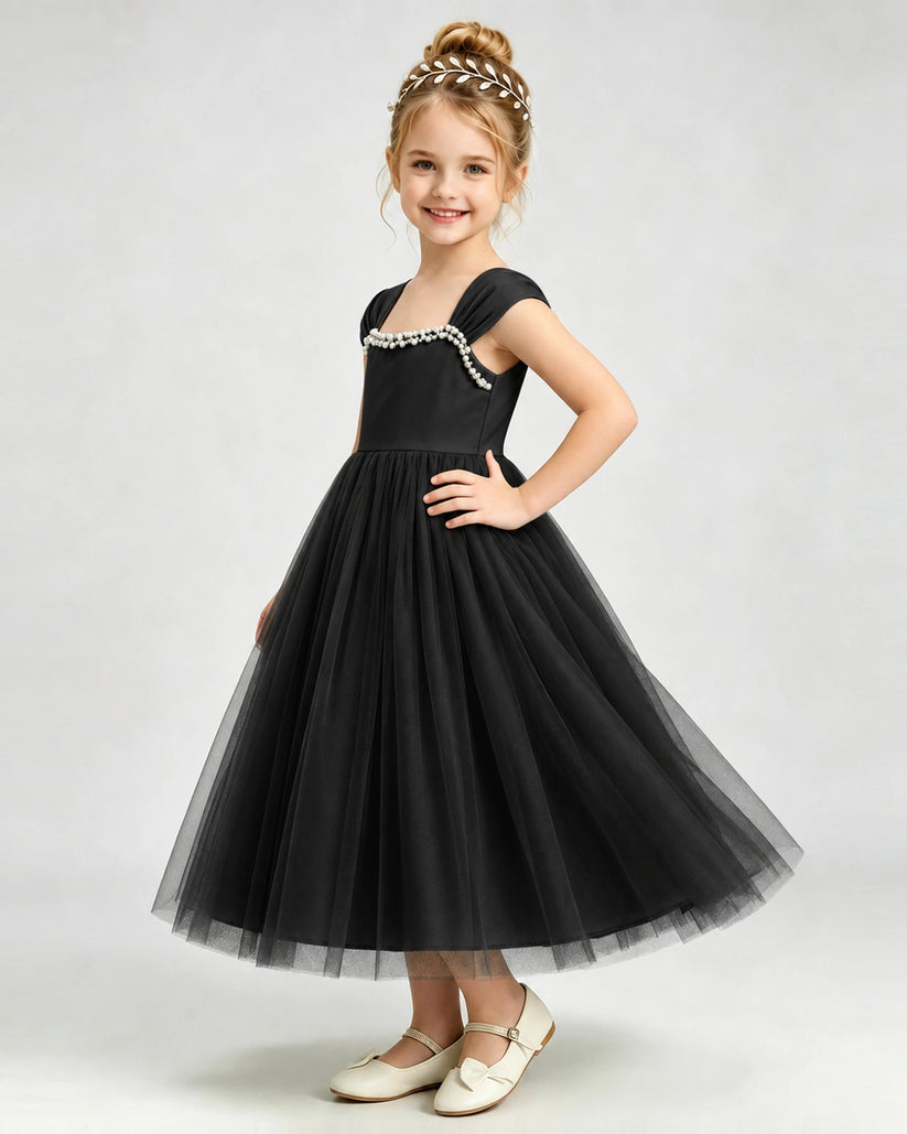 Black Tulle A-line Girls Formal Dress Side View