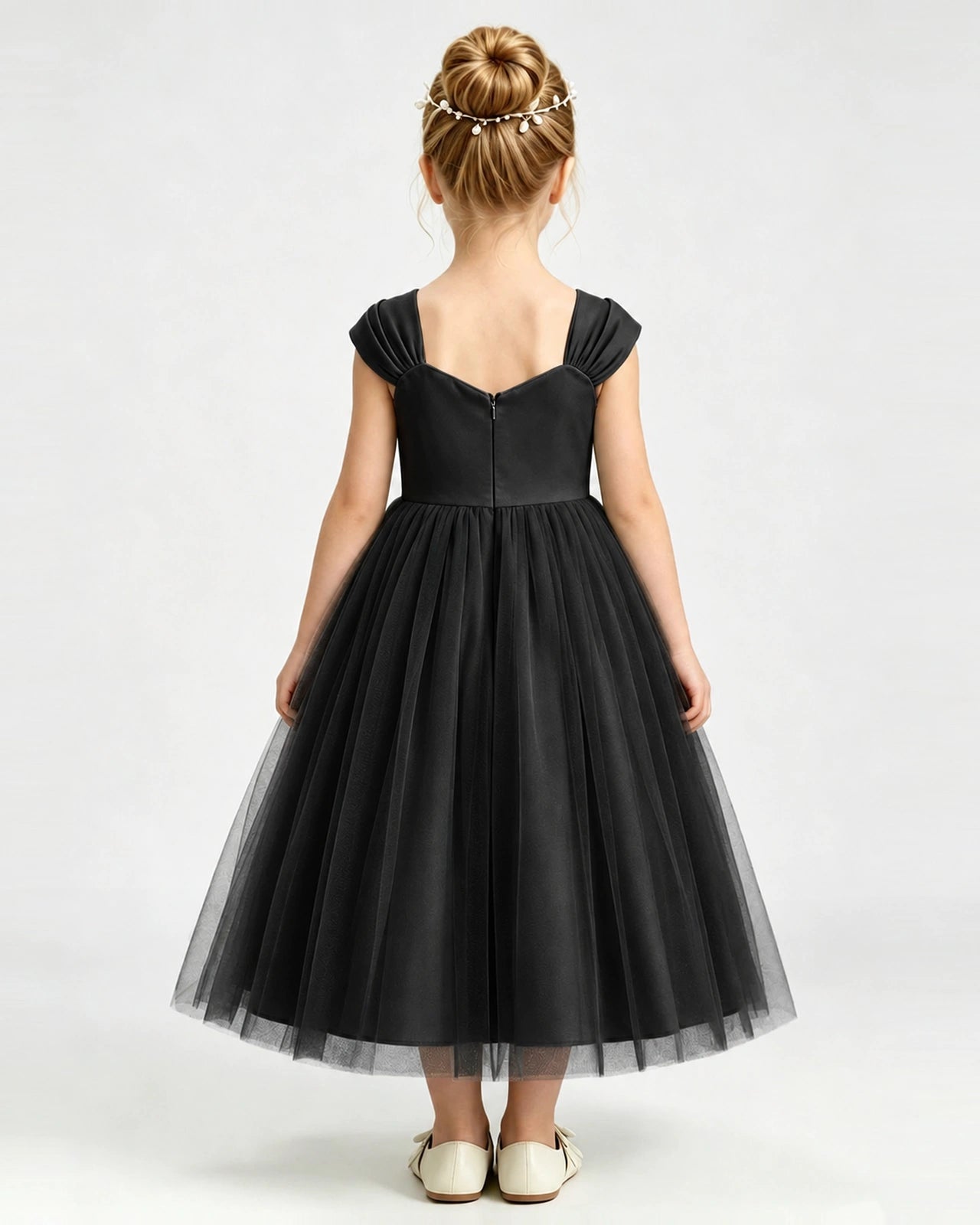 Black Flower Girl Dress Pearl Trim Flutter Sleeve Puffy Tulle A-Line Midi Gown Back Full View