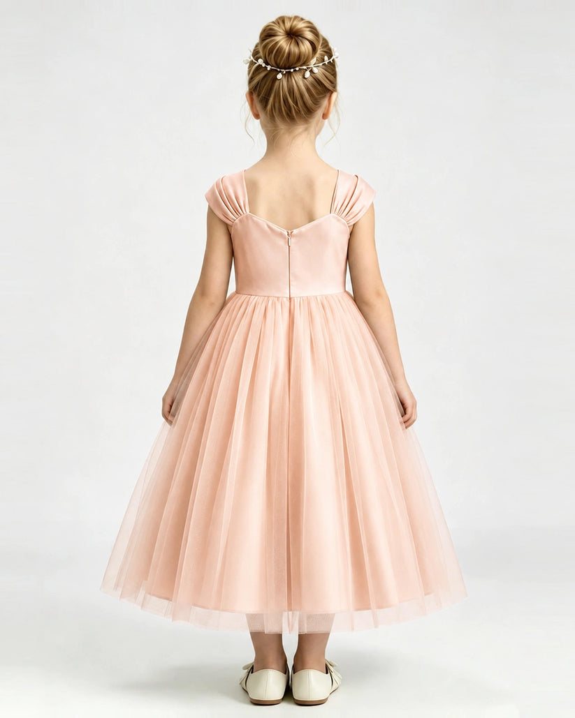 Blush Pink Tulle A-line Girls Formal Dress Back View