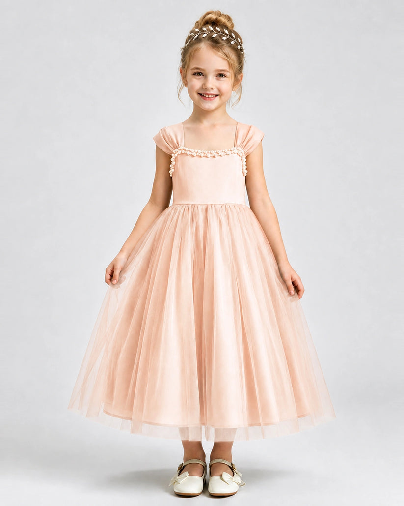 Blush Pink Tulle A-line Girls Formal Dress Front View