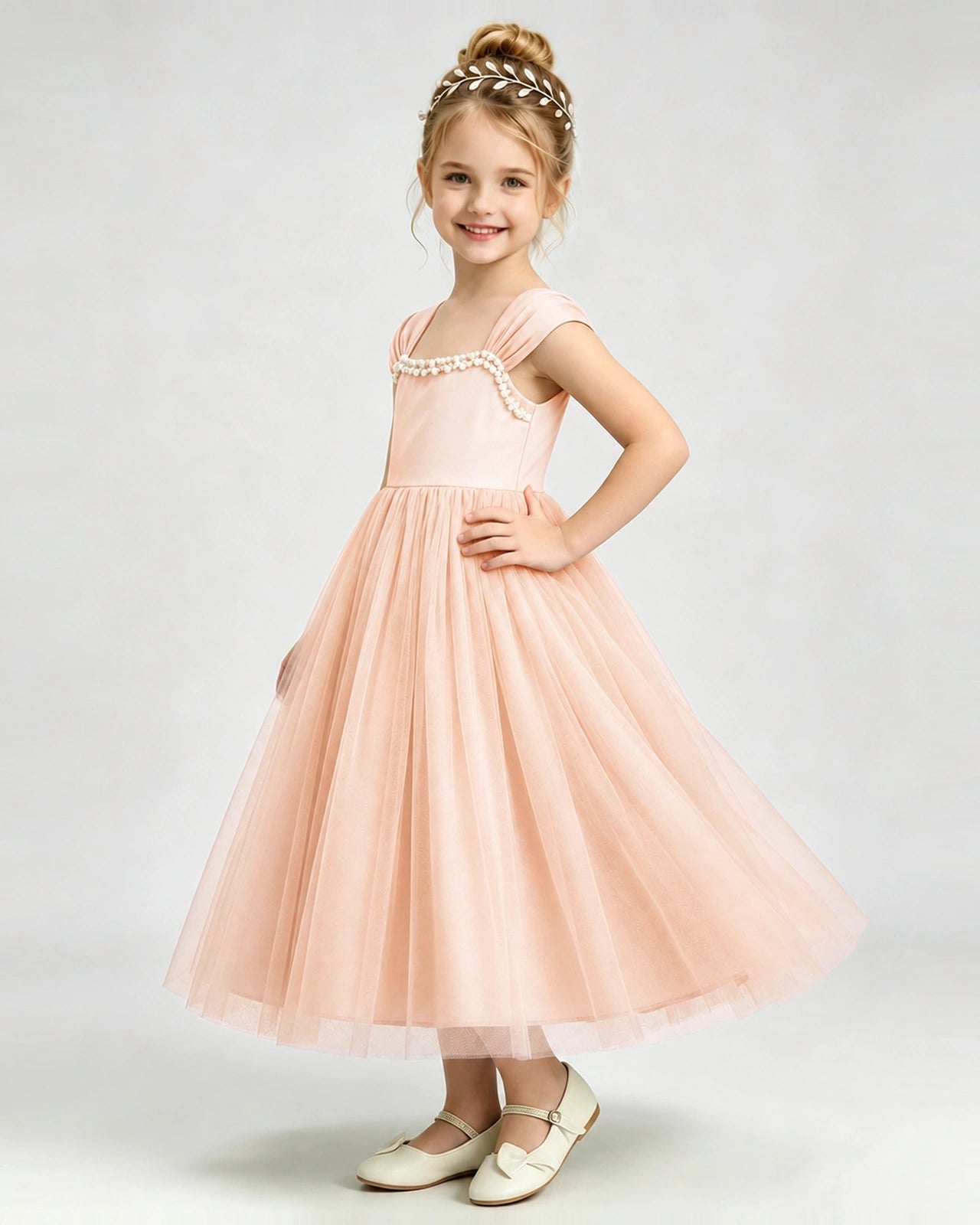 Blush Pink Flower Girl Dress Pearl Trim Flutter Sleeve Puffy Tulle A-Line Midi Gown Side Full View