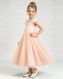 Blush Pink Flower Girl Dress Pearl Trim Flutter Sleeve Puffy Tulle A-Line Midi Gown Side Full View