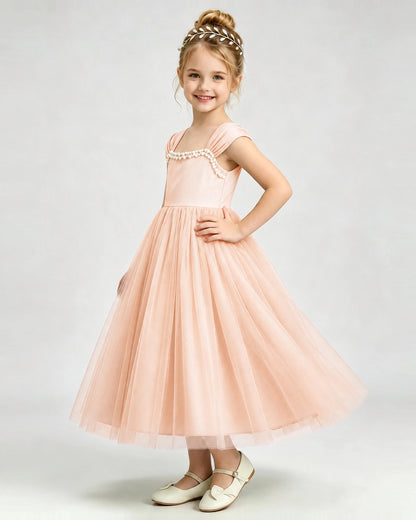 Blush Pink Flower Girl Dress Pearl Trim Flutter Sleeve Puffy Tulle A-Line Midi Gown Side Full View