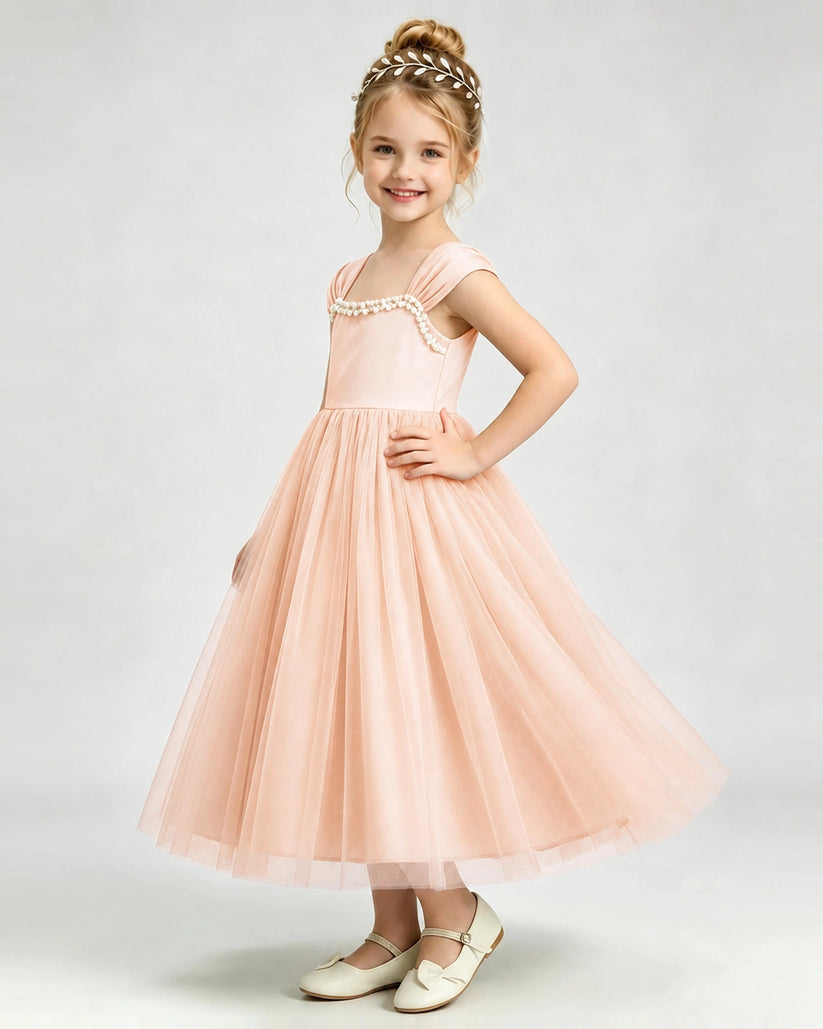 Blush Pink Tulle A-line Girls Formal Dress Side View