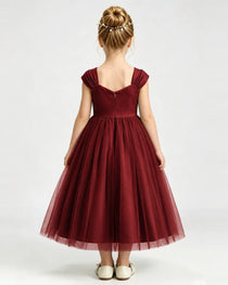 Burgundy Flower Girl Dress Pearl Trim Flutter Sleeve Puffy Tulle A-Line Midi Gown Back Full View