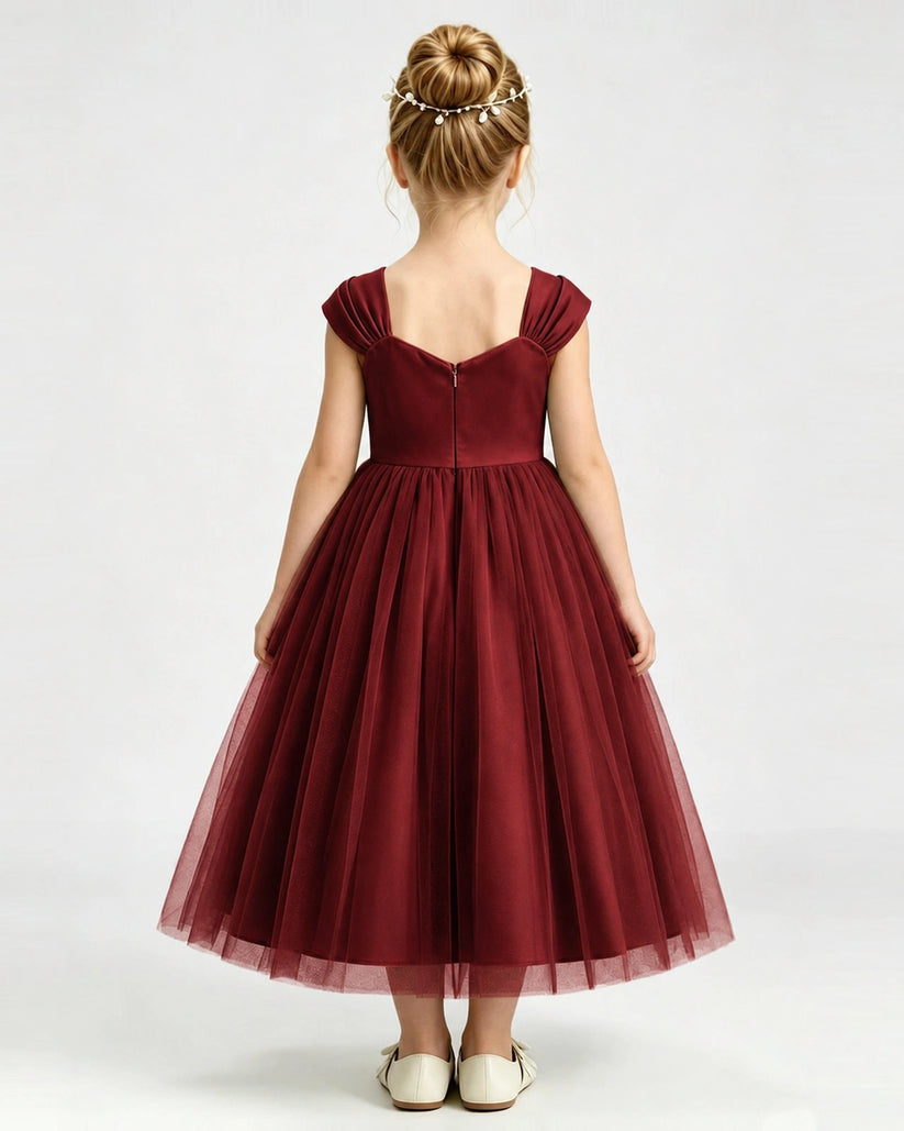 Burgundy Tulle A-line Girls Formal Dress Back View
