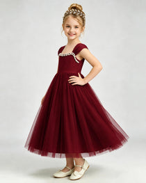 Burgundy Flower Girl Dress Pearl Trim Flutter Sleeve Puffy Tulle A-Line Midi Gown Side Full View