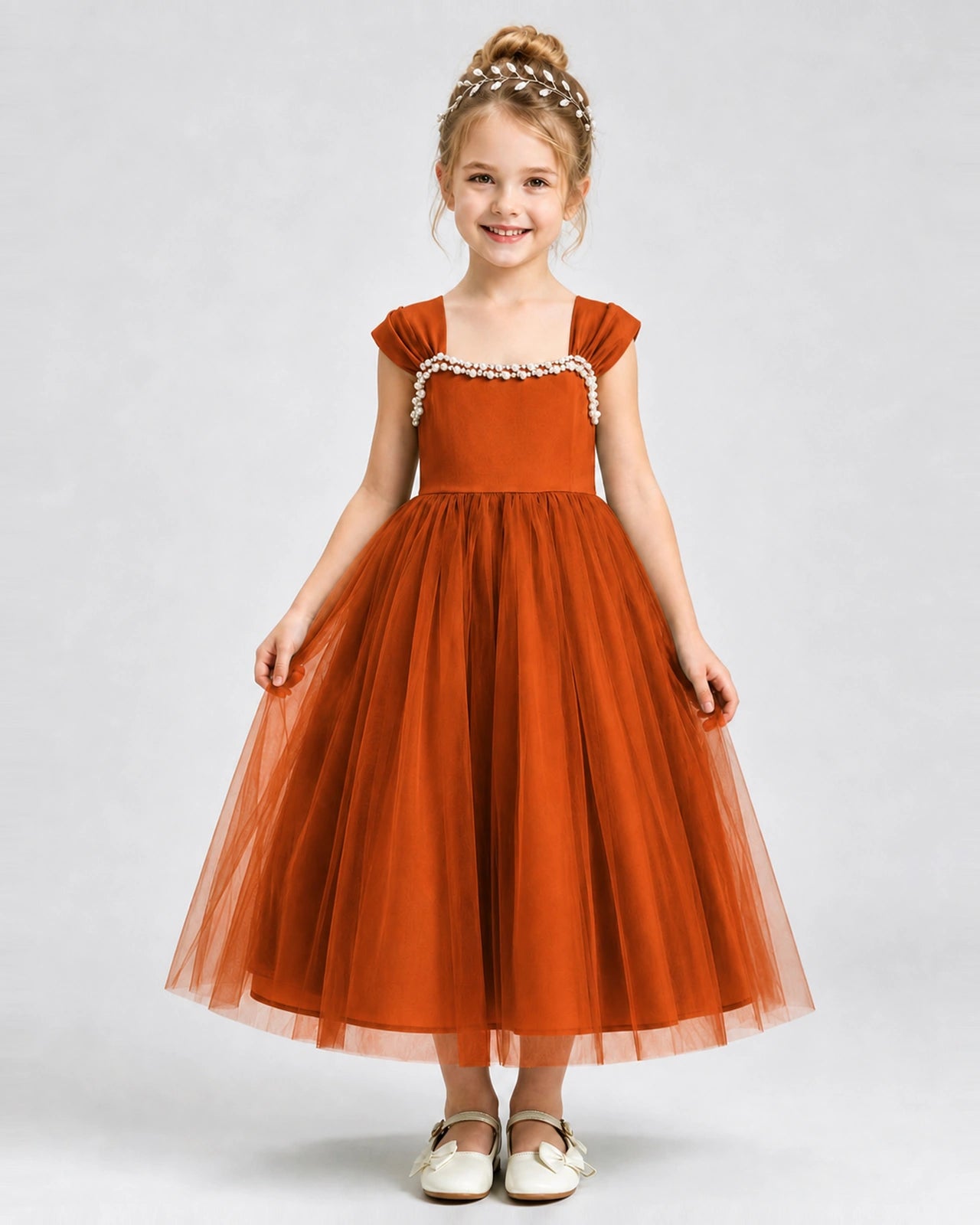 Burnt Orange Flower Girl Dress Pearl Trim Flutter Sleeve Puffy Tulle A-Line Midi Gown Front Full View