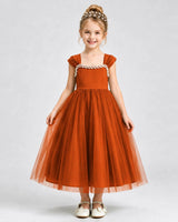Burnt Orange Tulle A-line Girls Formal Dress Front View