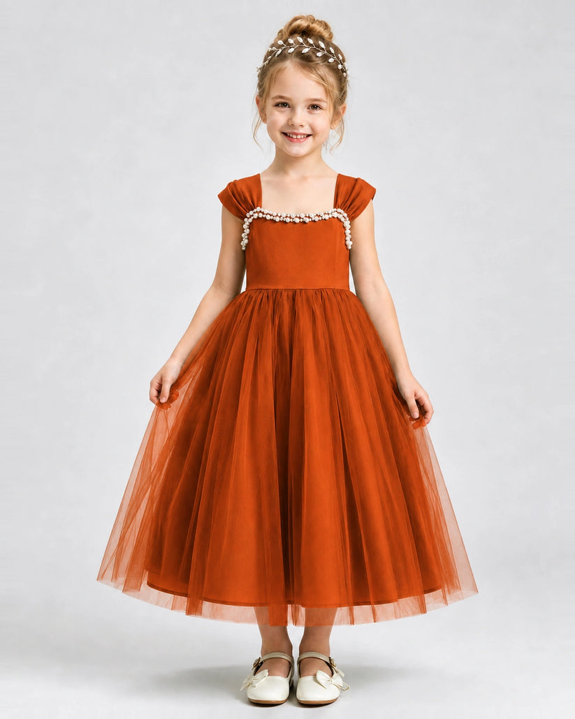 Burnt Orange Tulle A-line Girls Formal Dress Front View