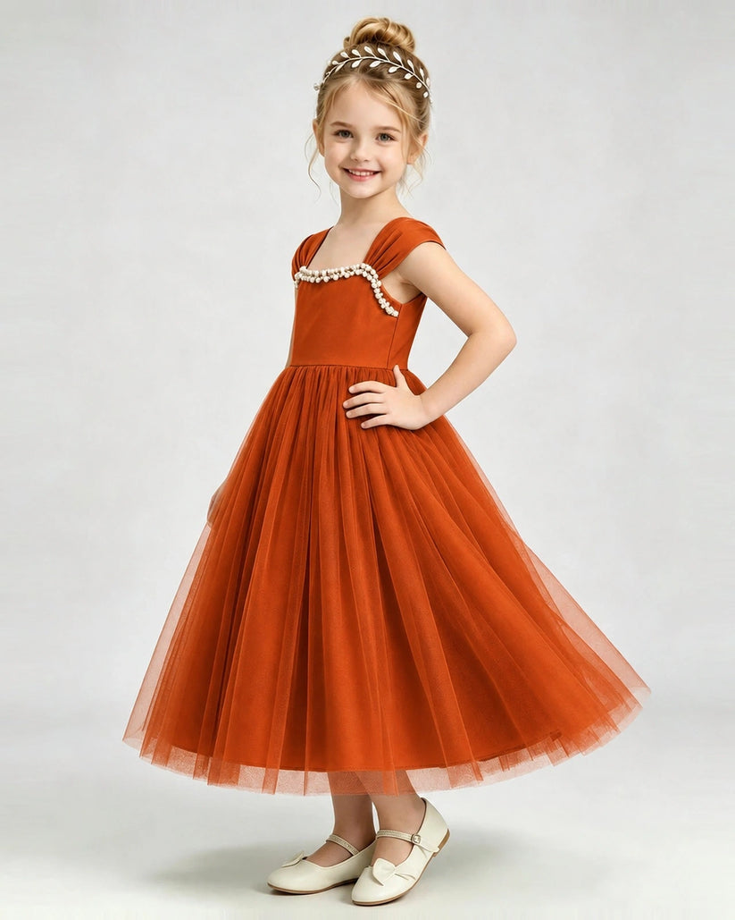 Burnt Orange Tulle A-line Girls Formal Dress Front View