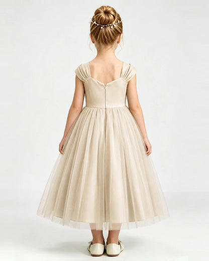 Champagne Flower Girl Dress Pearl Trim Flutter Sleeve Puffy Tulle A-Line Midi Gown Back Full View