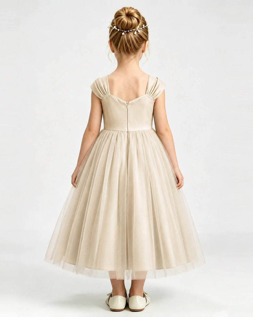 Champagne Tulle A-line Girls Formal Dress Back View