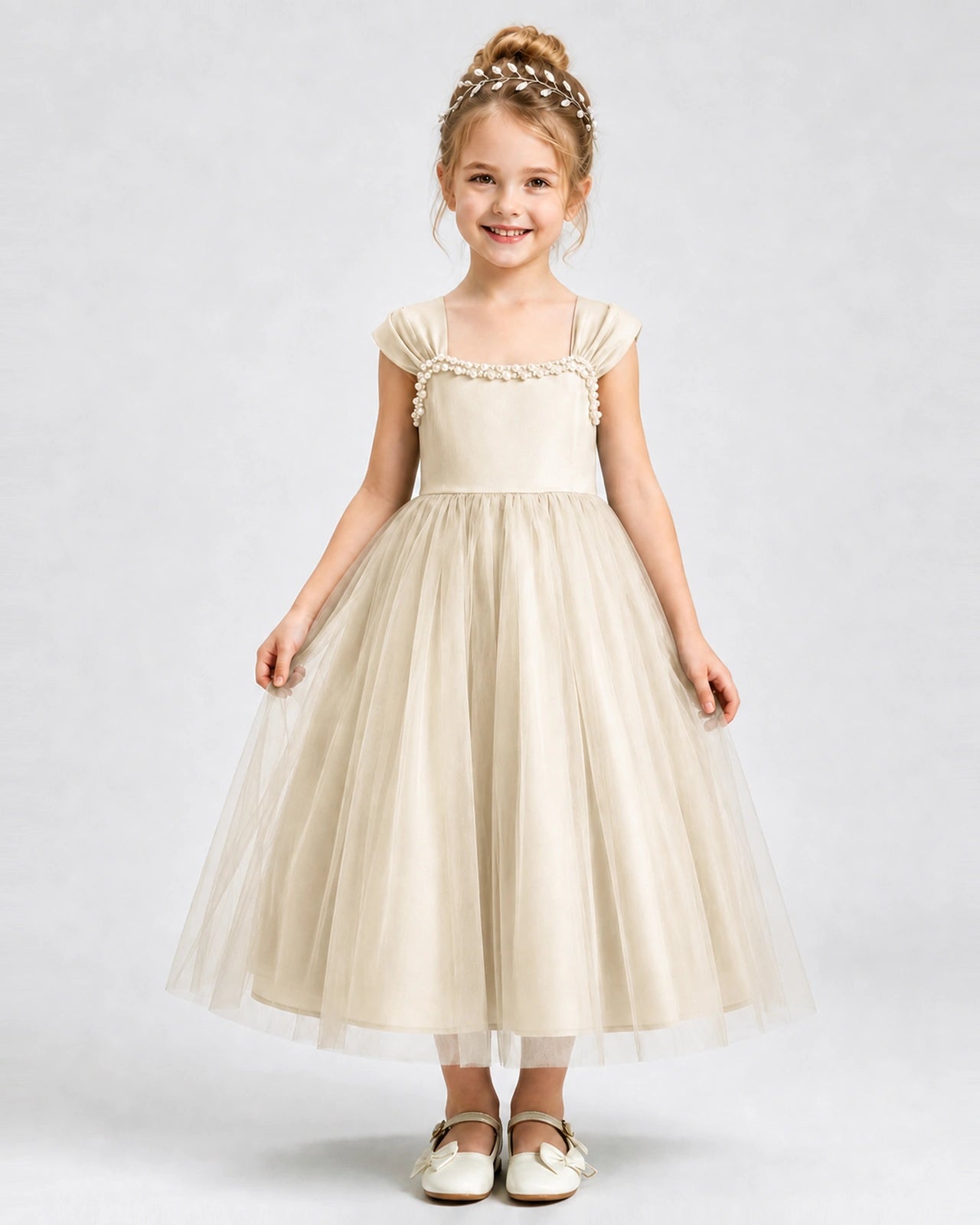 Champagne Flower Girl Dress Pearl Trim Flutter Sleeve Puffy Tulle A-Line Midi Gown Front Full View