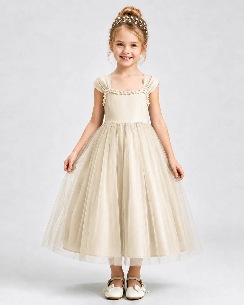 Champagne Tulle A-line Girls Formal Dress Front View